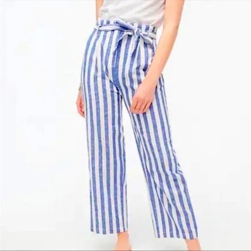 J. Crew‎ factory Linen-cotton paper-bag pant | blue and white striped | size 4